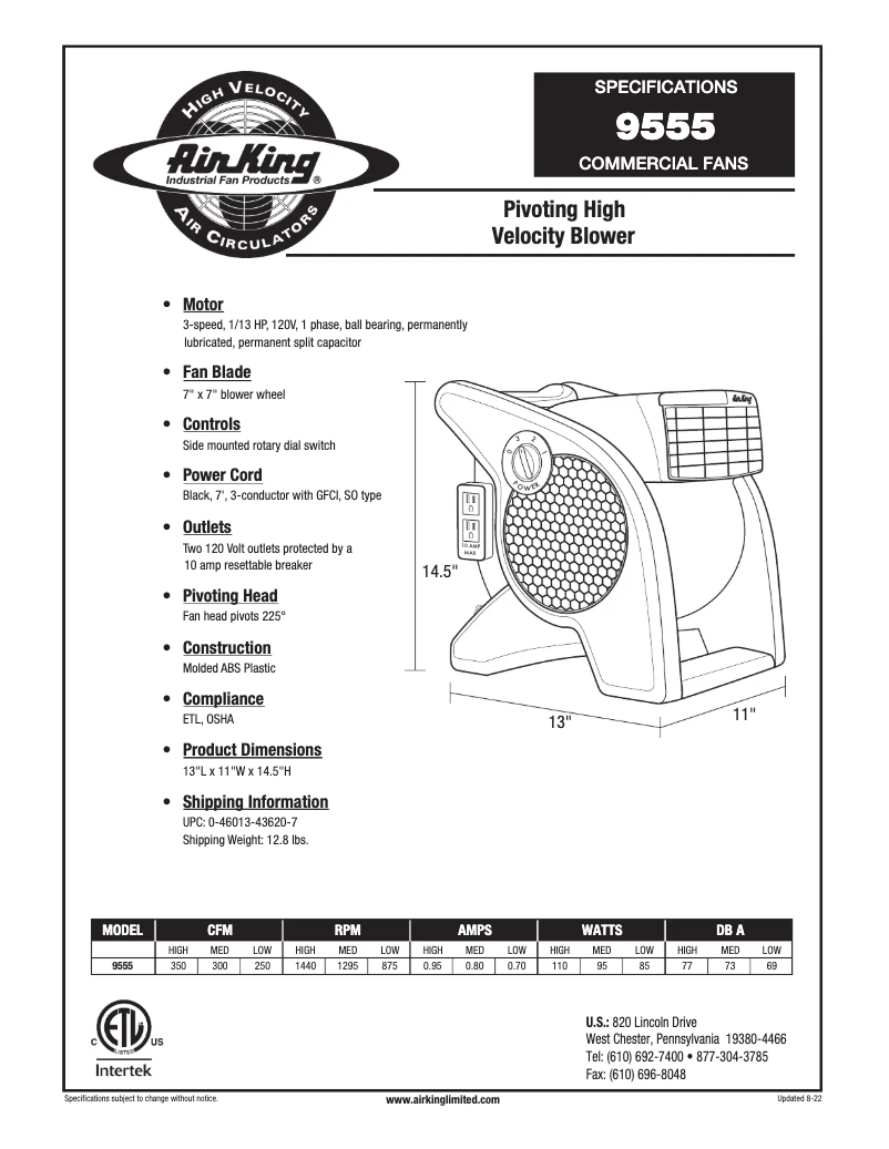 Page 1 de la notice Fiche technique Air King 9555