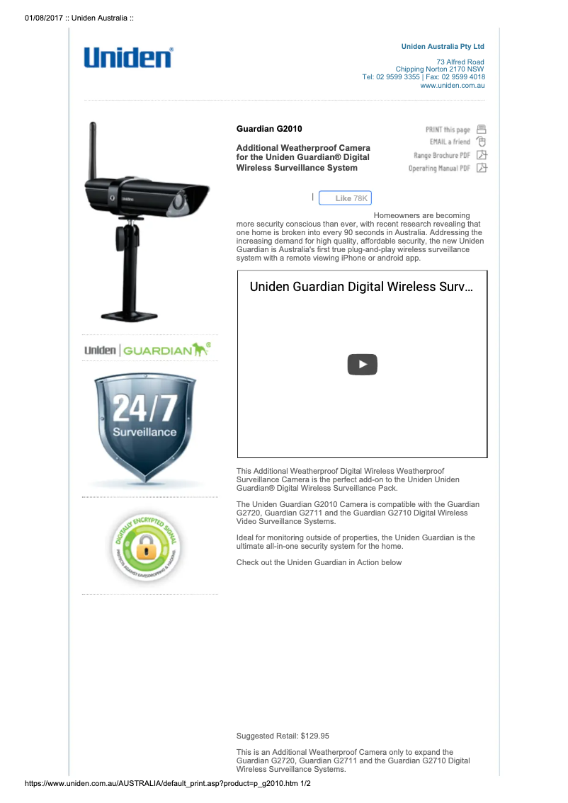 Page 1 de la notice Manuel utilisateur Uniden Guardian G2010