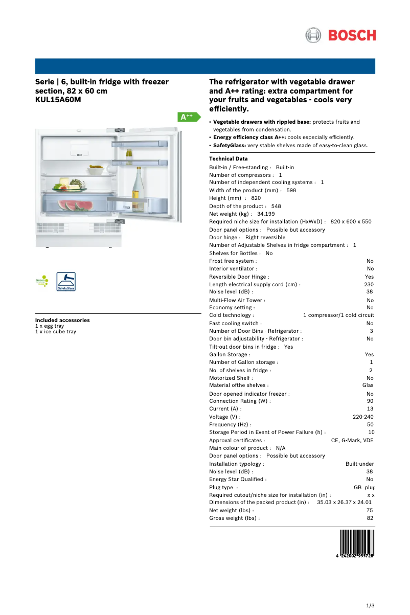 Página 1 del manual Ficha técnica Bosch KUL15A60M
