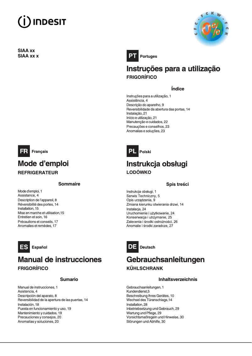 Page n°1 - Manuel utilisateur Indesit SIAA 10