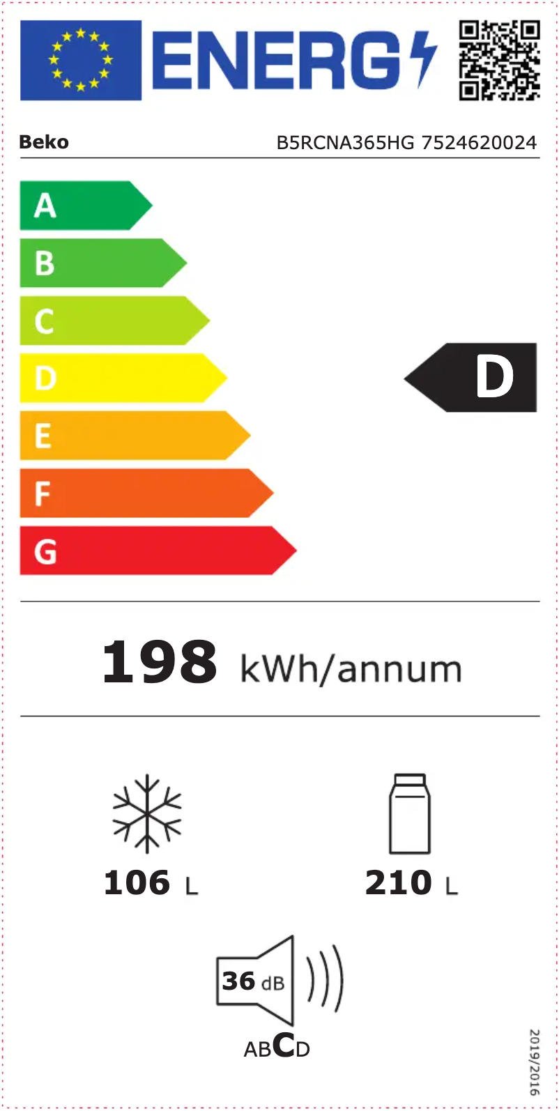 Page 1 de la notice Label énergétique Beko B5RCNA365HG