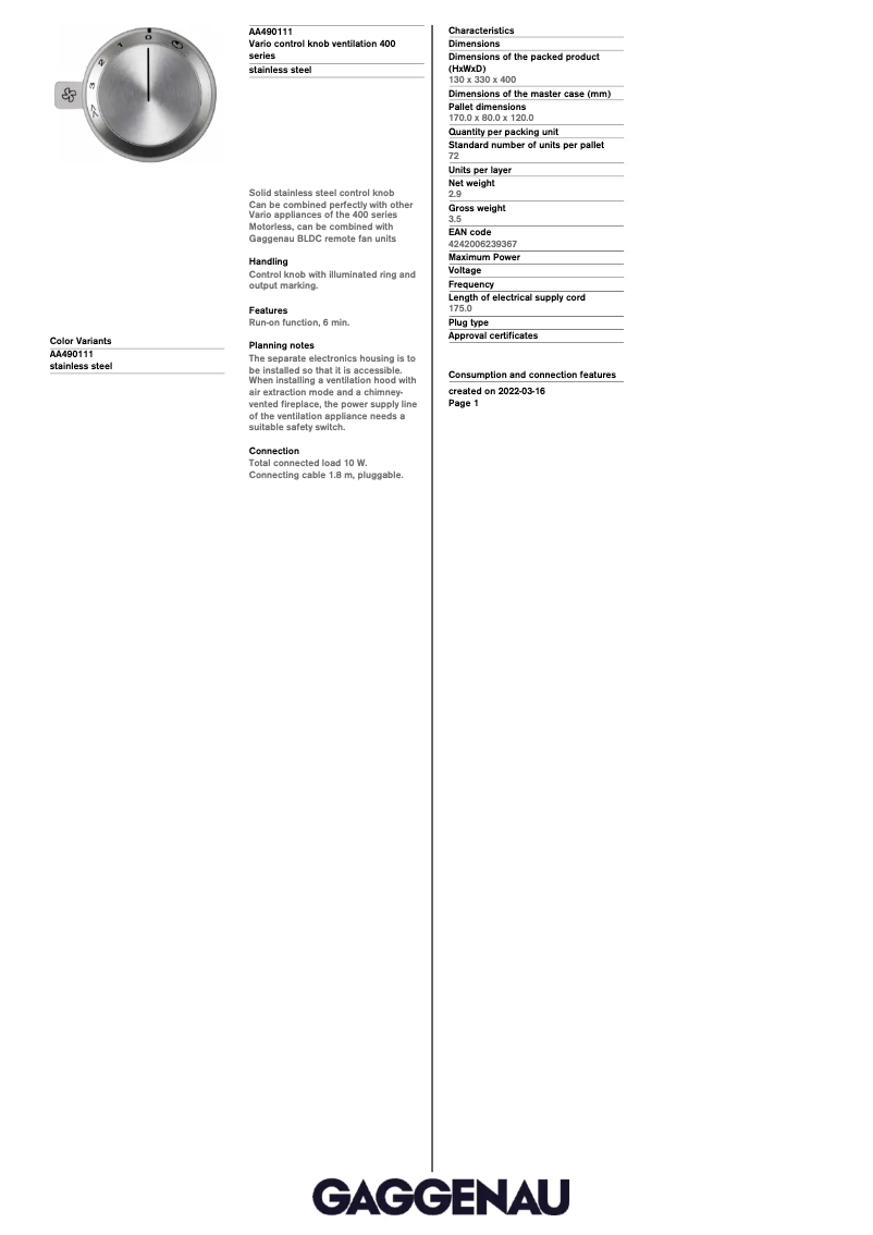 Page 1 de la notice Fiche technique Gaggenau CVL410100