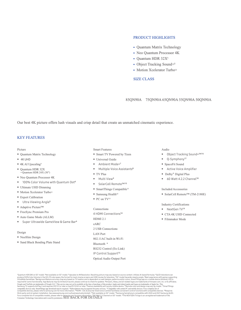 Page 1 de la notice Fiche technique Samsung QN55QN90A