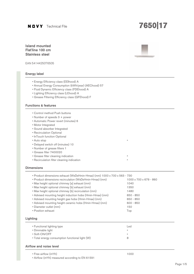 Page 1 de la notice Fiche technique Novy Flat'line 7650