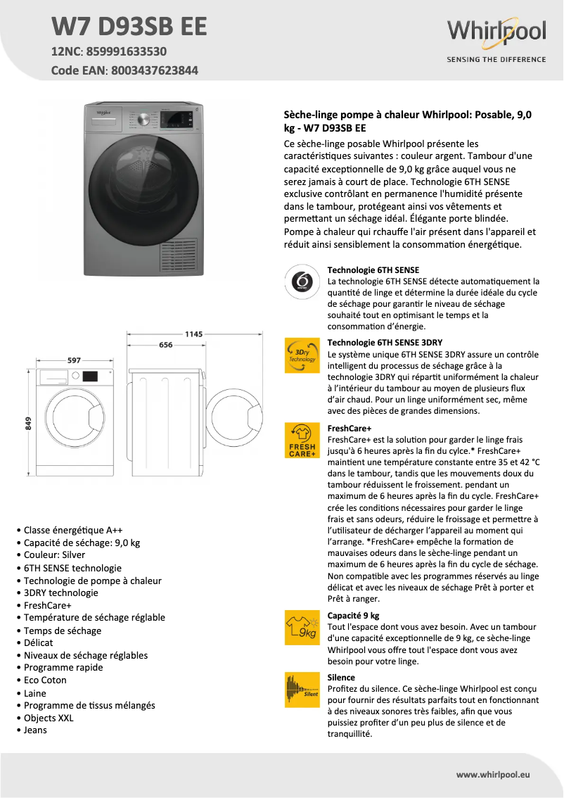 Page 1 de la notice Fiche technique Whirlpool W7 D93SB EE