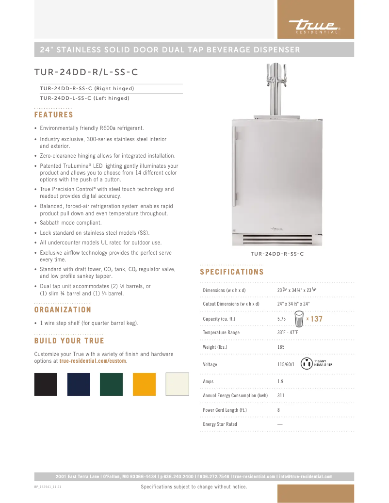 Page 1 de la notice Fiche technique True TUR-24DD-R-SS-C