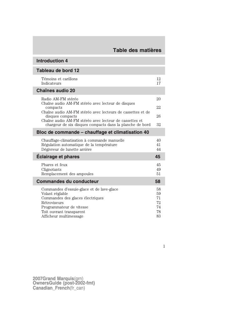 Page n°1 - Manuel utilisateur Mercury Grand Marquis (2007)