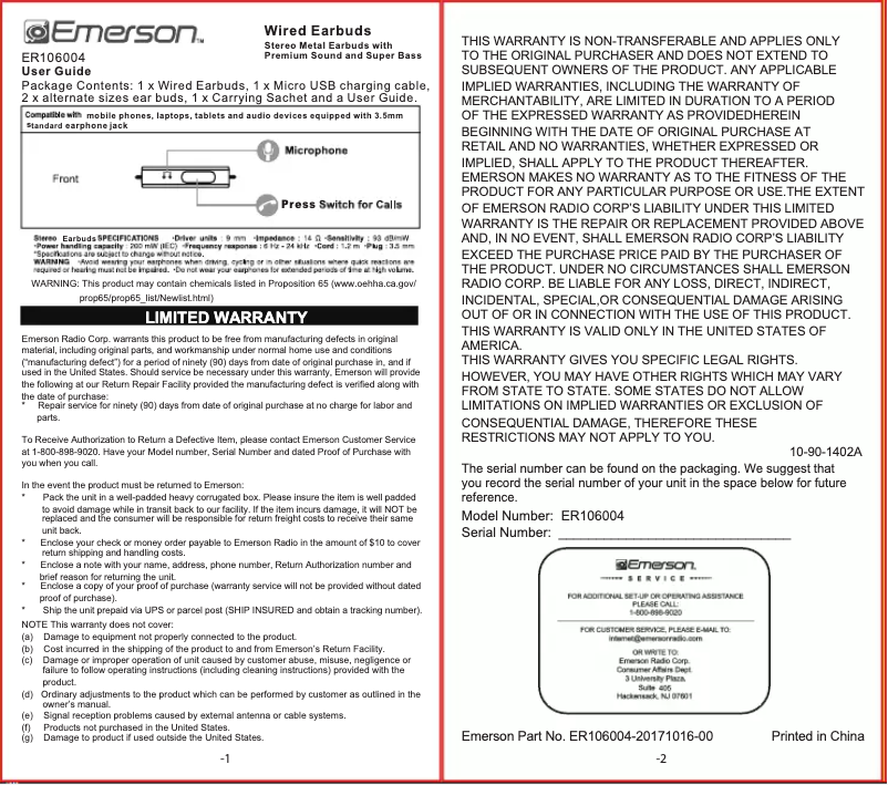 Page n°1 - Manuel utilisateur Emerson ER106004