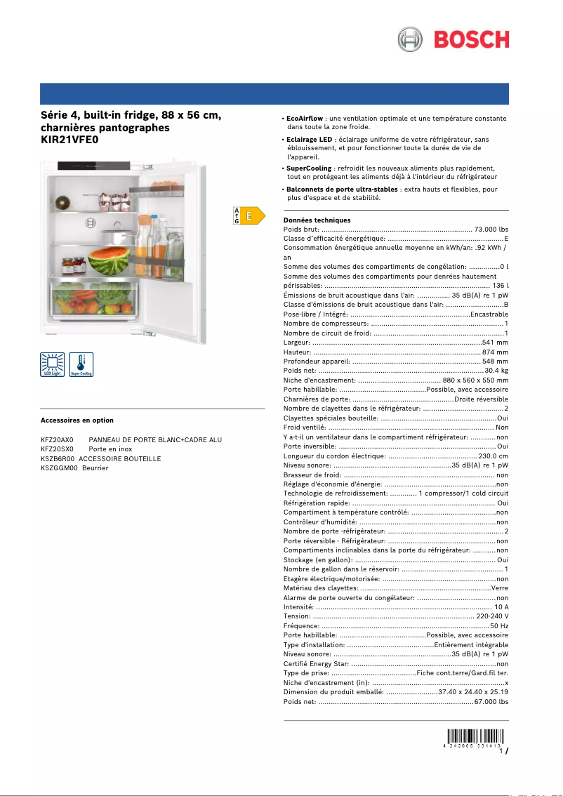 Página 1 del manual Ficha técnica Bosch KIR21VFE0