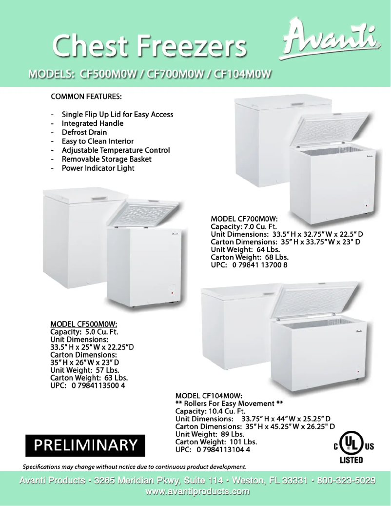 Page 1 de la notice Fiche technique Avanti CF700M0W