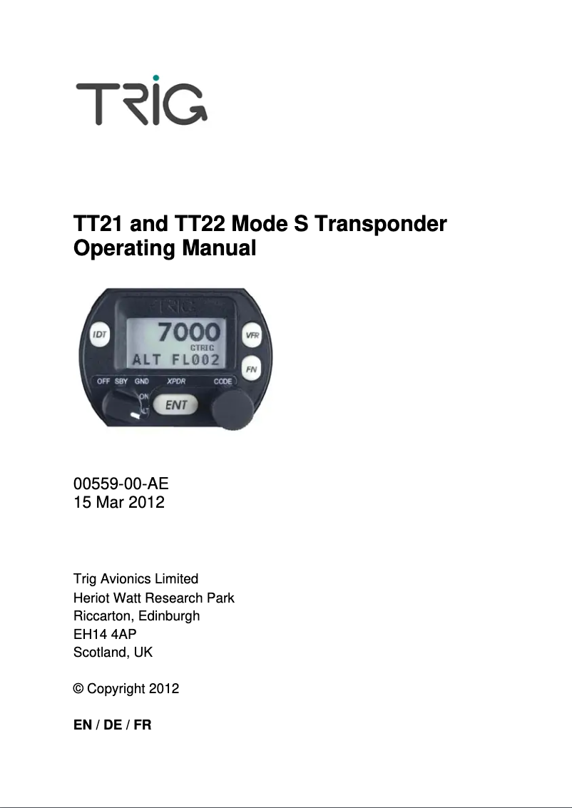 Page 1 de la notice Manuel utilisateur Trig Avionics TT21 Mode S Transponder