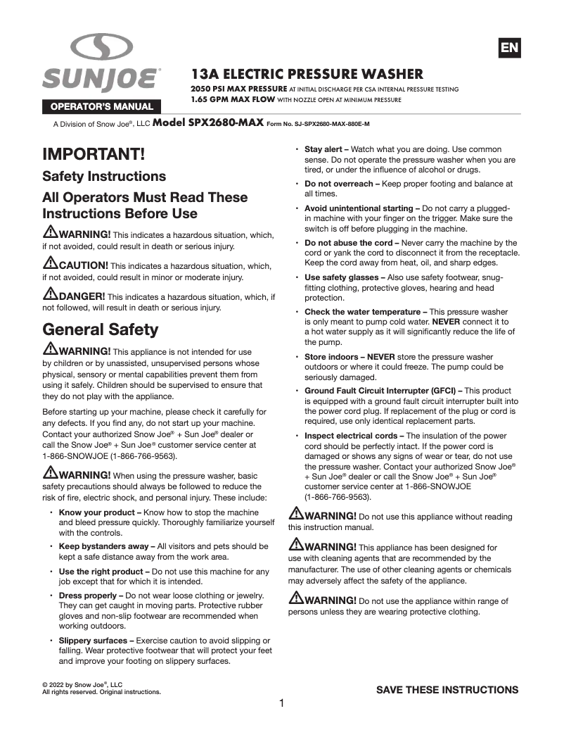 Page 1 de la notice Manuel utilisateur Sun Joe SPX2680-MAX