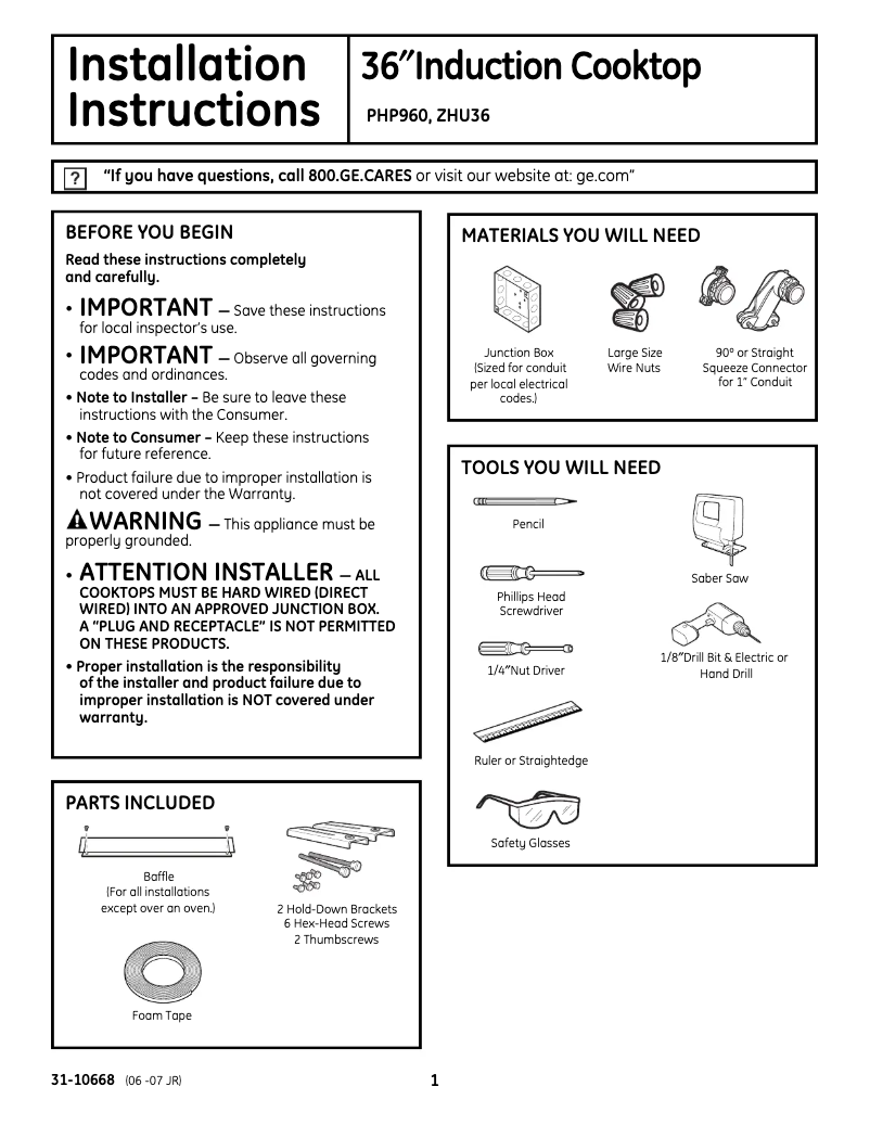 Page 1 of the manual Installation Guide GE ZHU36RSMSS