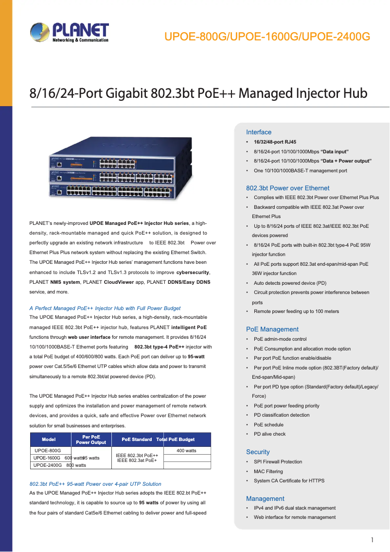 Page 1 de la notice Fiche technique Planet UPOE-2400G