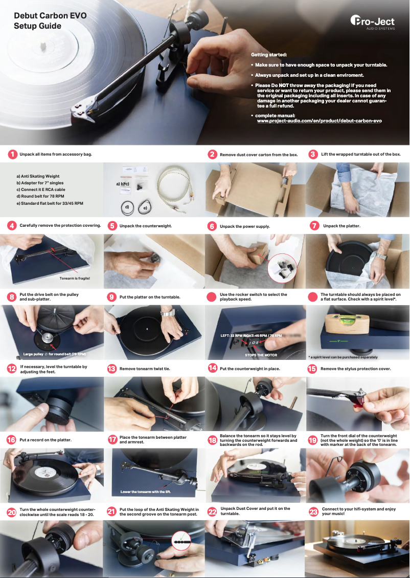 Page 1 de la notice Guide d'installation Pro-Ject Debut Carbon EVO