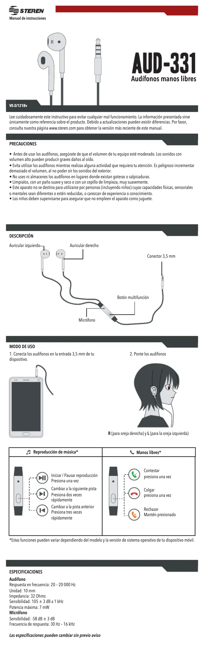 Page 1 de la notice Manuel utilisateur Steren AUD-331