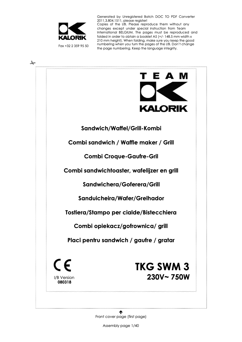 Image de la première page du manuel de l'appareil TKG SWM 3