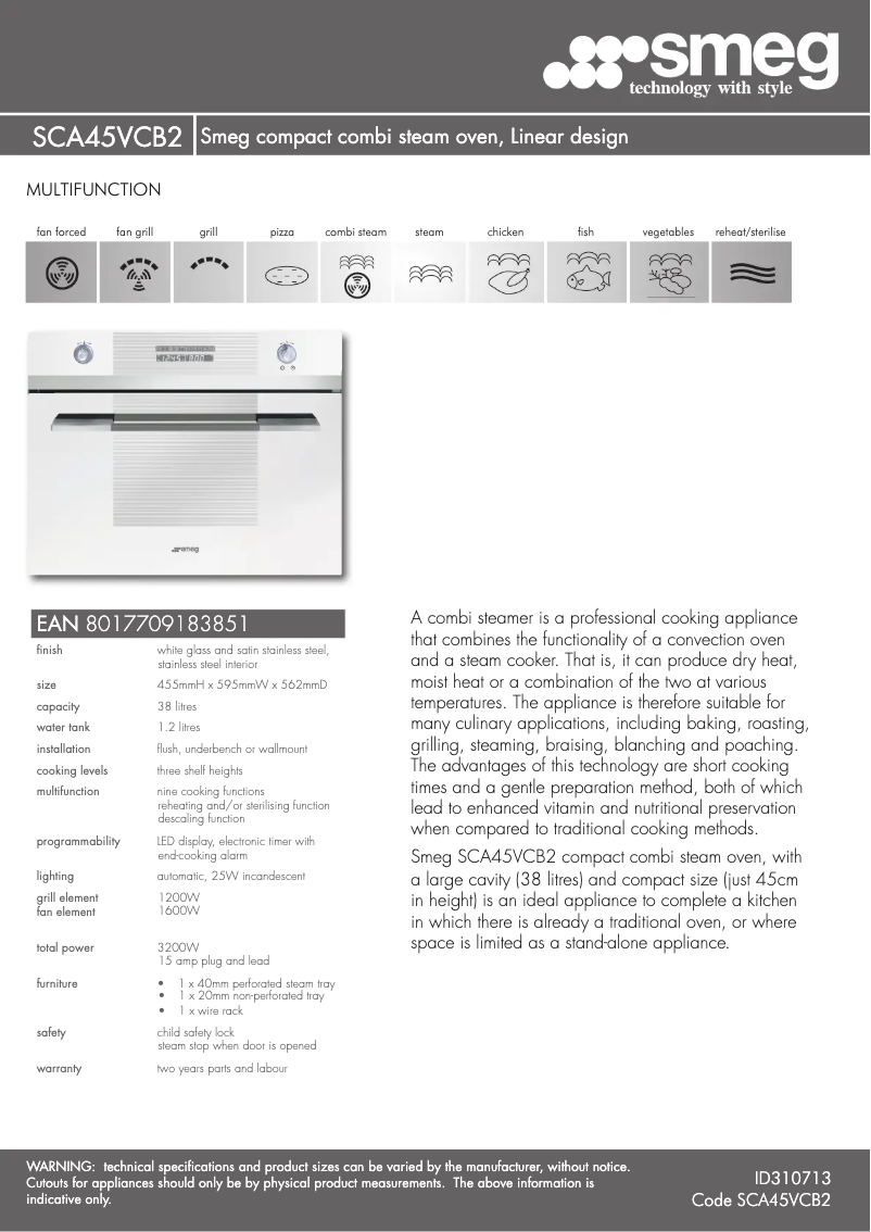 Página 1 del manual Ficha técnica Smeg SCA45VCB2