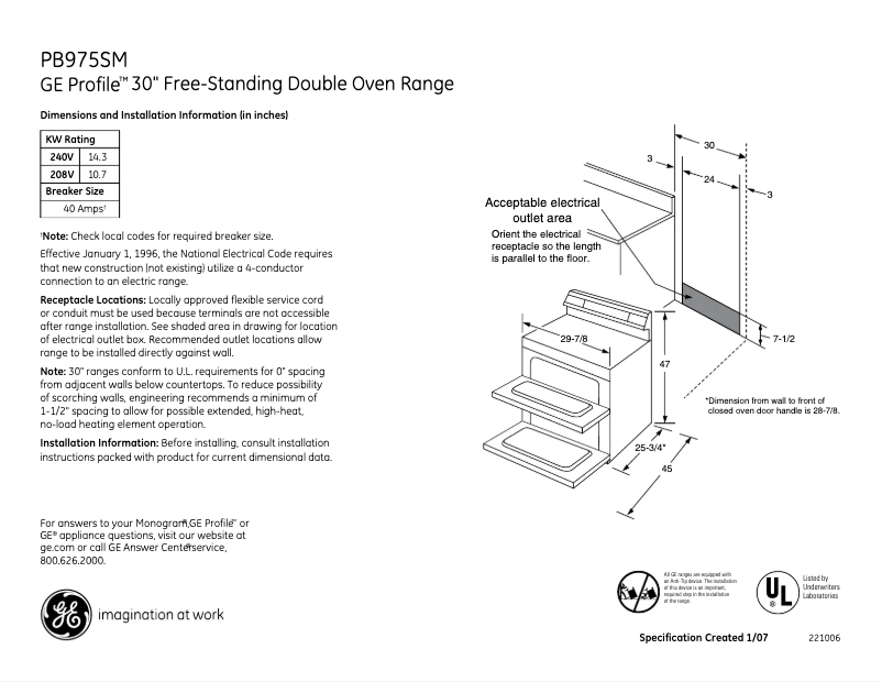Page 1 of the manual Technical Sheet GE Profile PB975SMSS