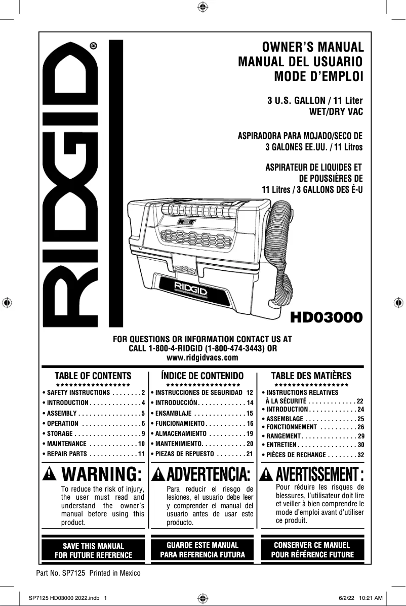 Page 1 de la notice Manuel utilisateur Ridgid HD0300