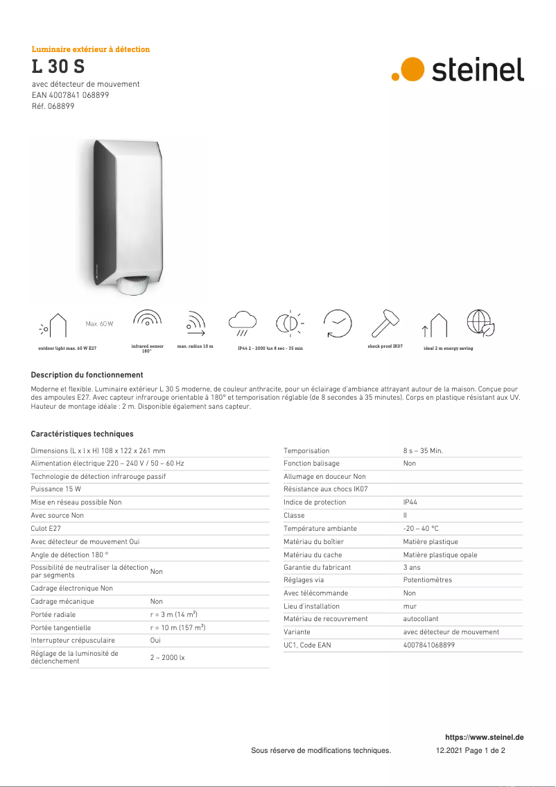 Page n°1 - Fiche technique Steinel L 30 S
