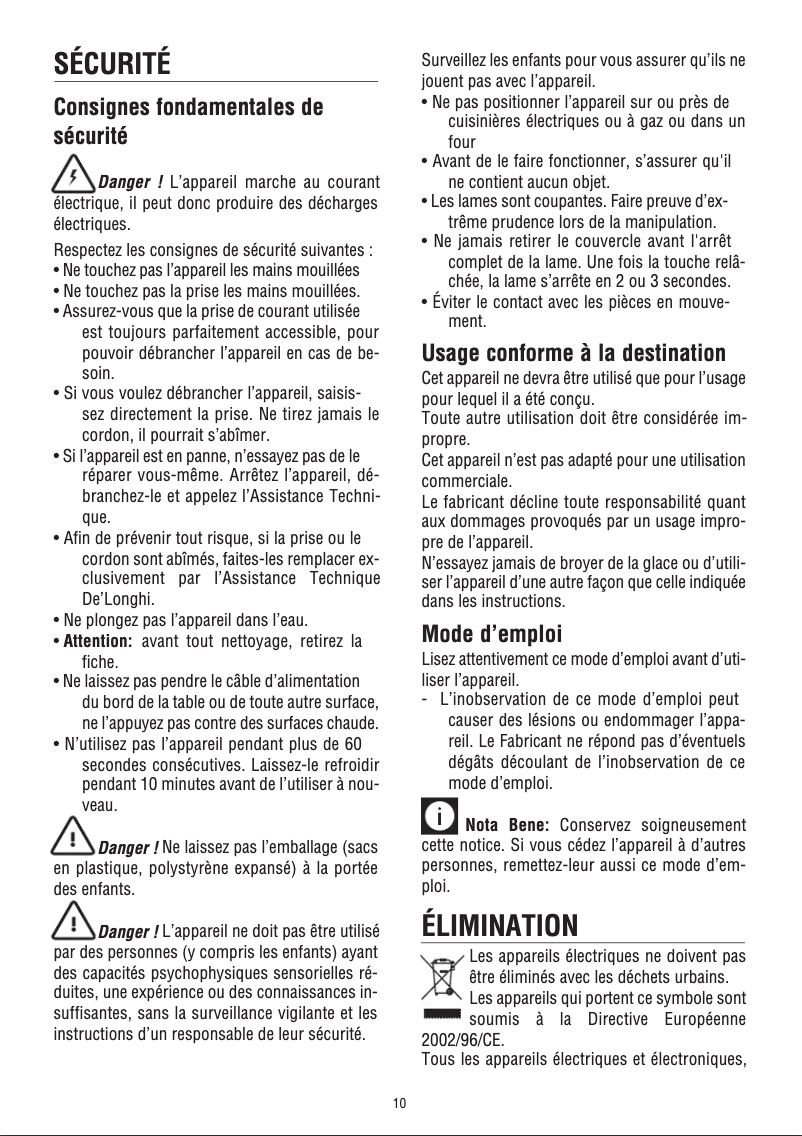 Page 1 de la notice Manuel utilisateur DeLonghi KG49