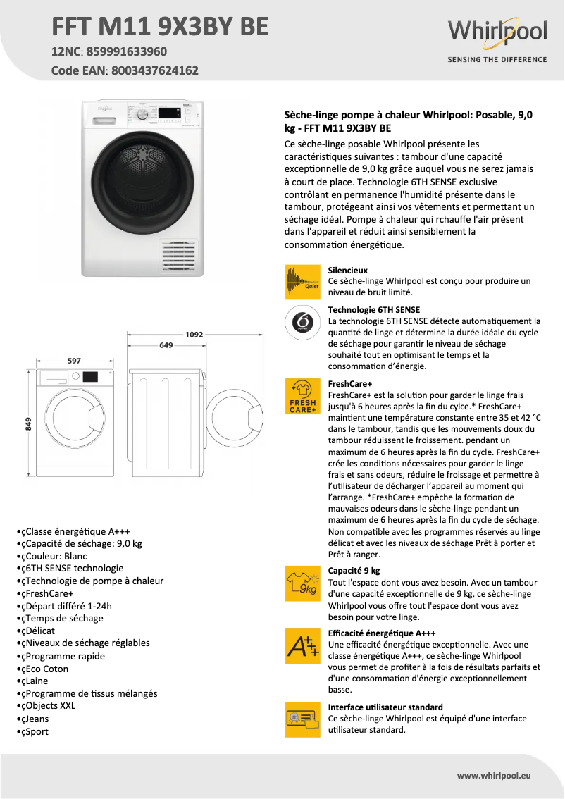 Page n°1 - Fiche technique Whirlpool FFT M11 9X3BY BE