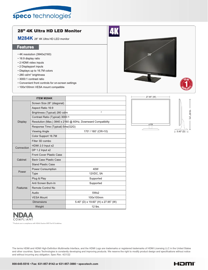 Page 1 de la notice Fiche technique Speco Technologies M284K