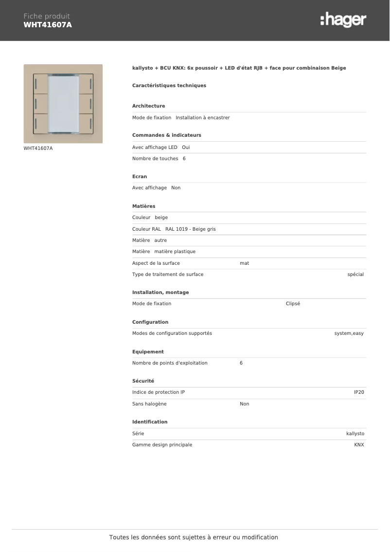 Página 1 del manual Ficha técnica Hager WHT41607A