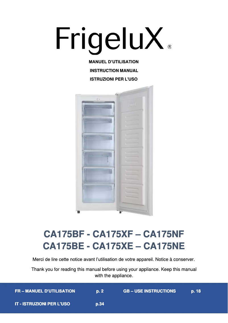 Page 1 de la notice Manuel utilisateur FrigeluX CA175XE