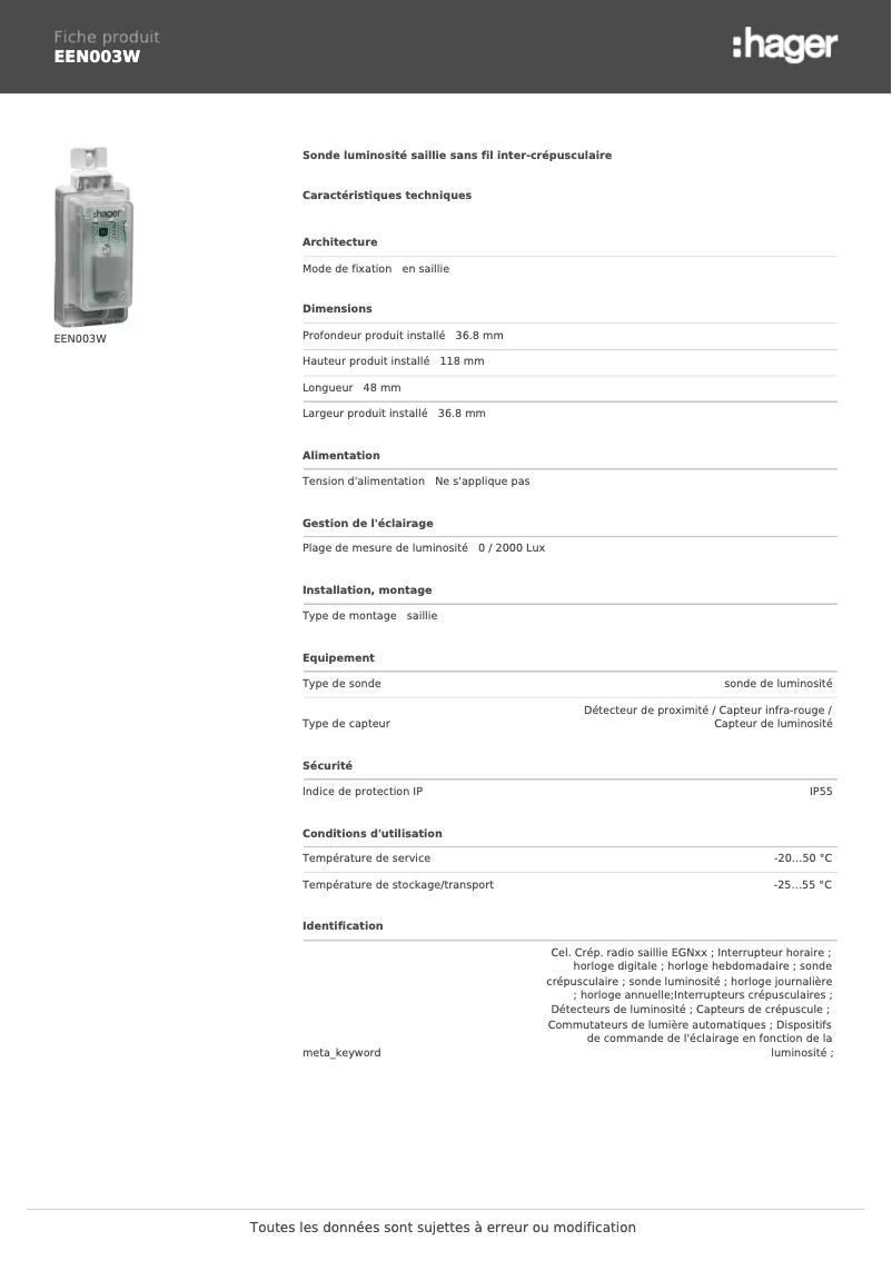 Page n°1 - Fiche technique Hager EEN003W