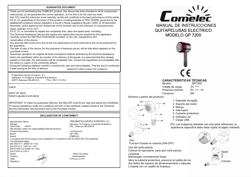 Page n°1 - Manuel utilisateur Comelec QP 7200