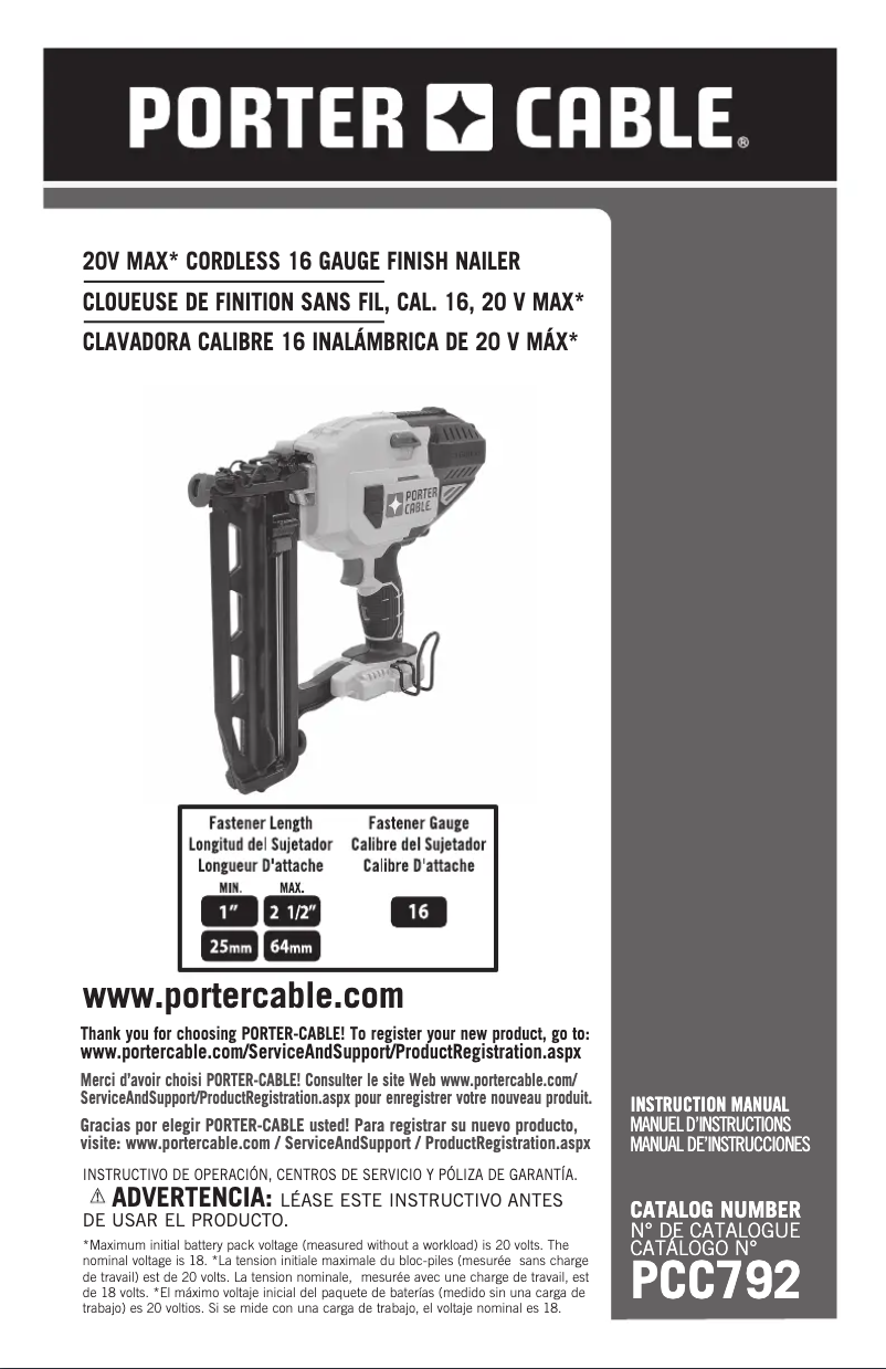 Page 1 de la notice Manuel utilisateur Porter-Cable PCC792