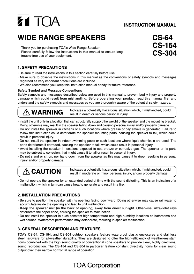 Page 1 de la notice Manuel utilisateur TOA CS-64