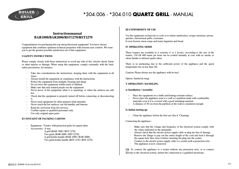 Page 1 de la notice Manuel utilisateur Roller Grill 304006