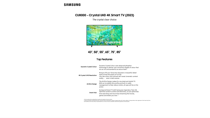 Page 1 de la notice Fiche technique Samsung UA85CU8000WXXY