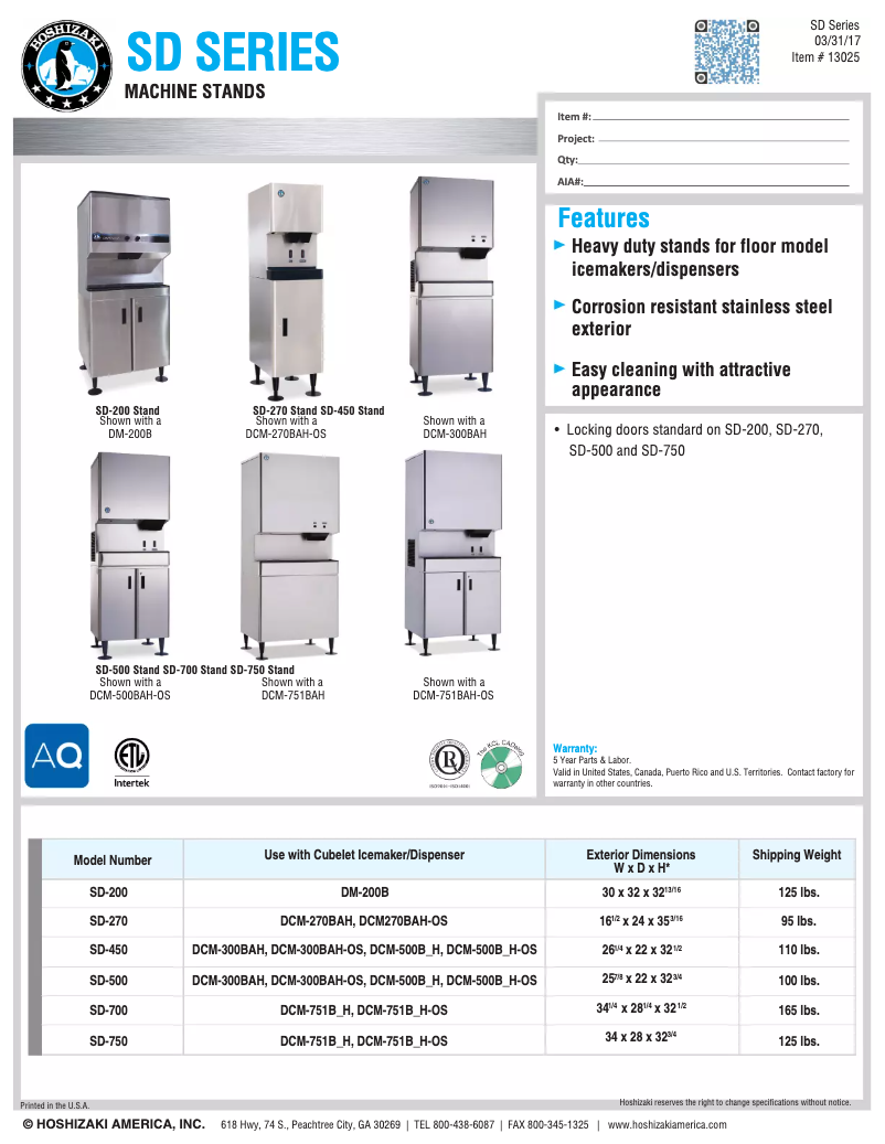 Page n°1 - Fiche technique Hoshizaki SD-700