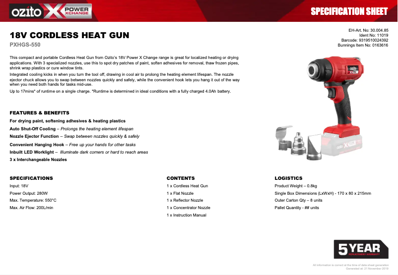 Page 1 de la notice Fiche technique Ozito PXHGS-550
