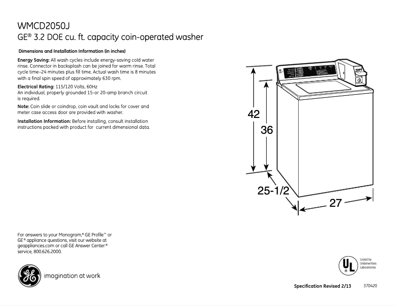 Page n°1 - Fiche technique GE WMCD2050JWC