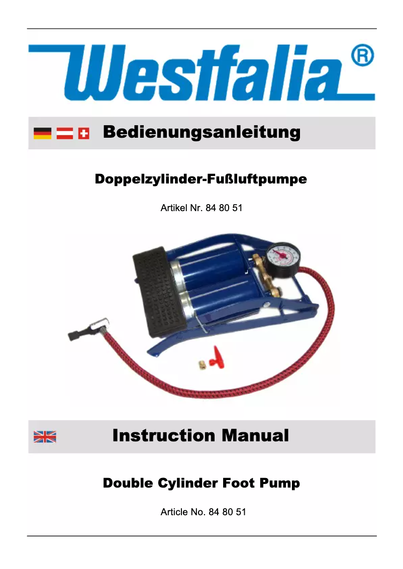 Page 1 de la notice Manuel utilisateur Westfalia Double Cylinder Foot Pump 84 80 51