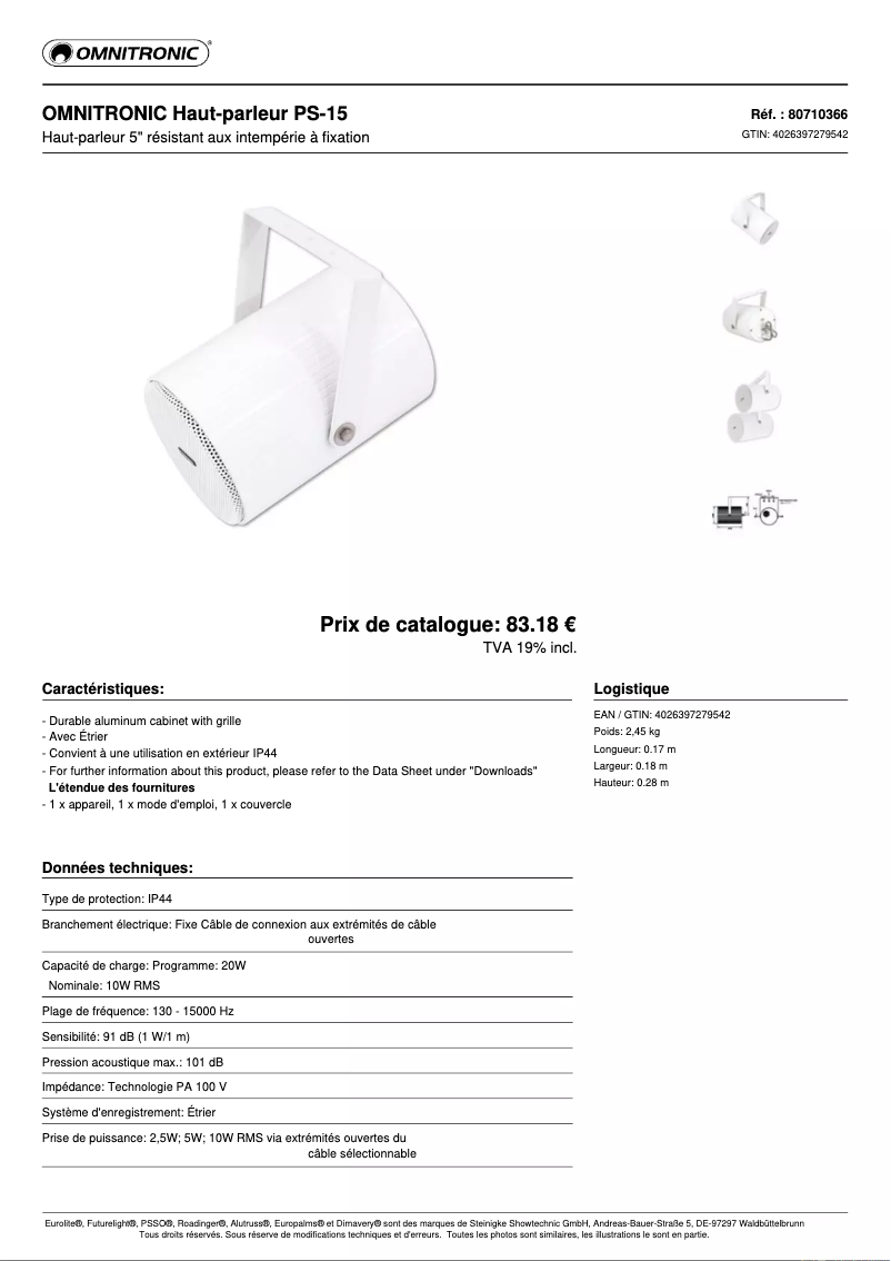 Page 1 de la notice Fiche technique Omnitronic PS-15