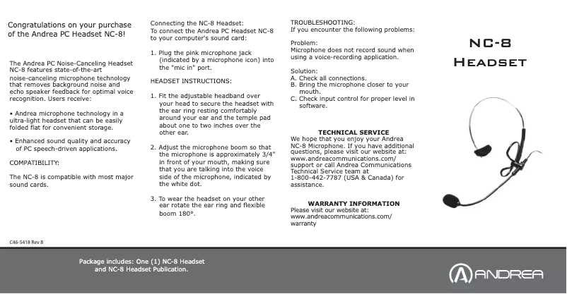 Page 1 de la notice Manuel utilisateur Andrea NC-8