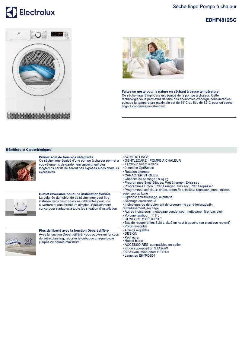 Page 1 de la notice Fiche technique Electrolux EDHF4812SC