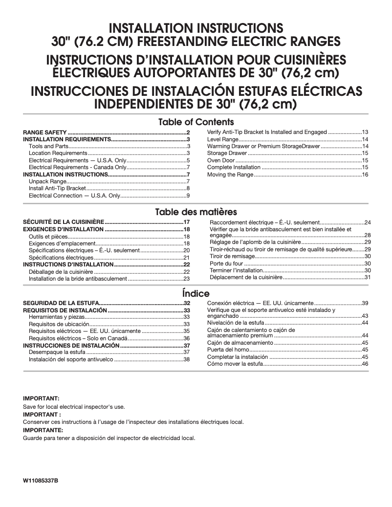 Página 1 del manual Guía de instalación Whirlpool WFE775H0HZ