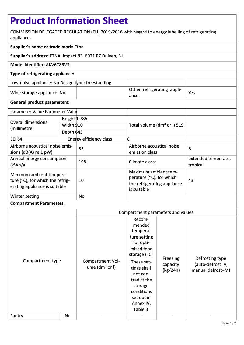Page 1 de la notice Fiche technique Etna AKV678RVS