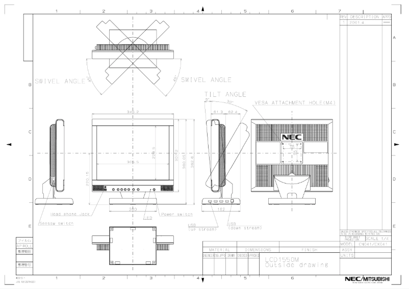 Page 1 de la notice Dessin technique NEC MultiSync LCD1550M