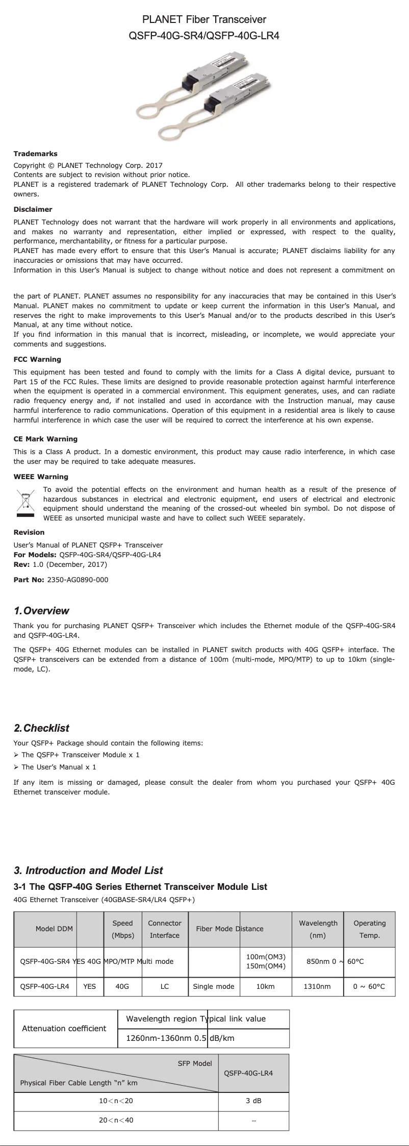 Page n°1 - Manuel utilisateur Planet QSFP-40G-LR4