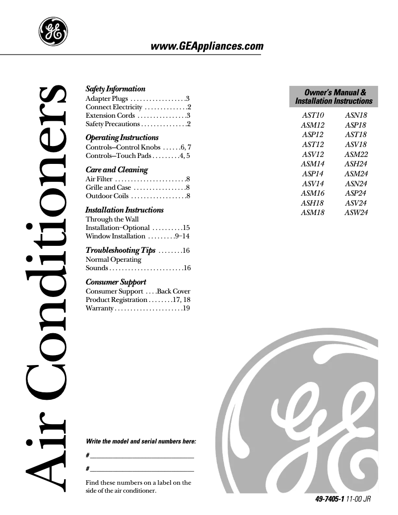 Page 1 de la notice Manuel d'utilisation et d'entretien GE ASV14AB