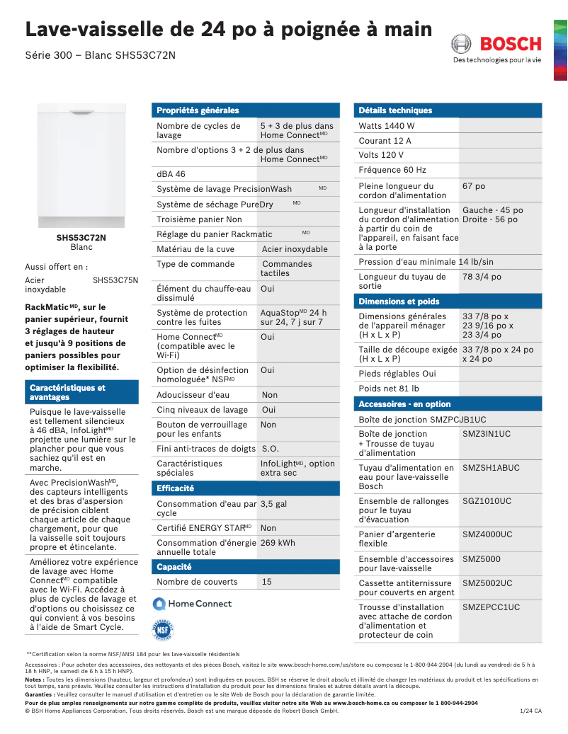 Page 1 de la notice Fiche technique Bosch SHS53C72N