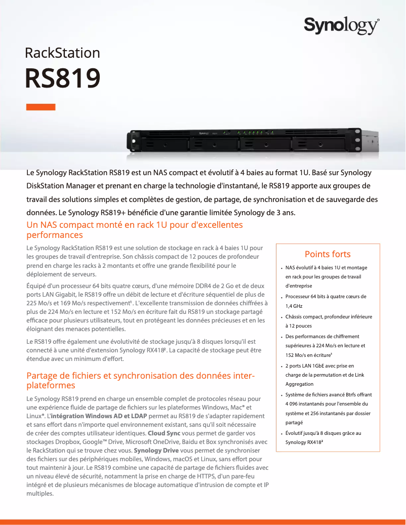 Page 1 de la notice Fiche technique Synology RS819